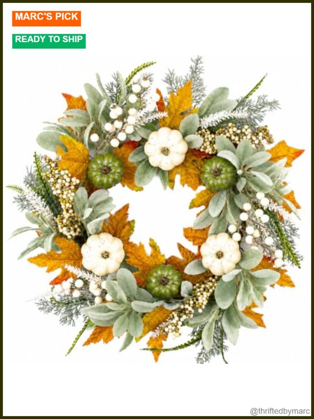 18 Inch Fall Wreath with Pumpkins Maple Leaves Rattan Front Door